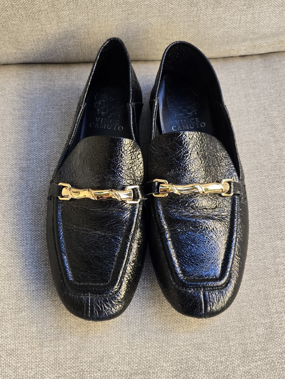 Vince Camuto Perenna Black Leather Bit Loafers with Gold Hardware